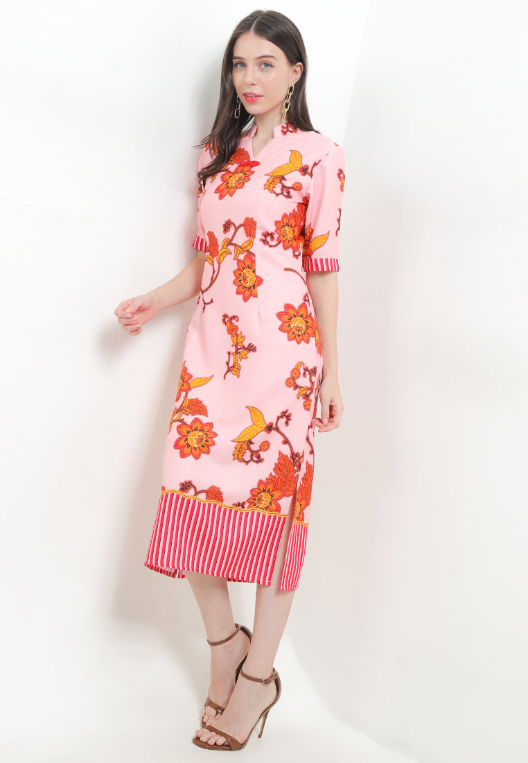 Rianty Batik Dress Batik Wanita Furing Kombinasi Lian Pink Merah Red Tanpa Lengan Imlek Cheongsam Bo