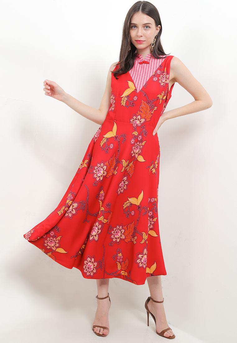 Rianty Batik Dress Batik Wanita Furing Mayleen Merah Red Lengan Pendek Natal Imlek Cheongsam