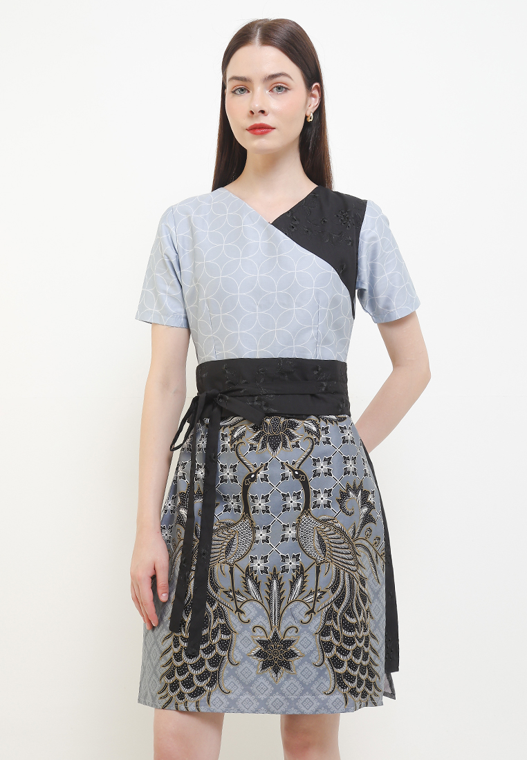 Rianty Batik Dress Batik Wanita Furing Kombinasi Obi Aswangga Grey Lengan Pendek