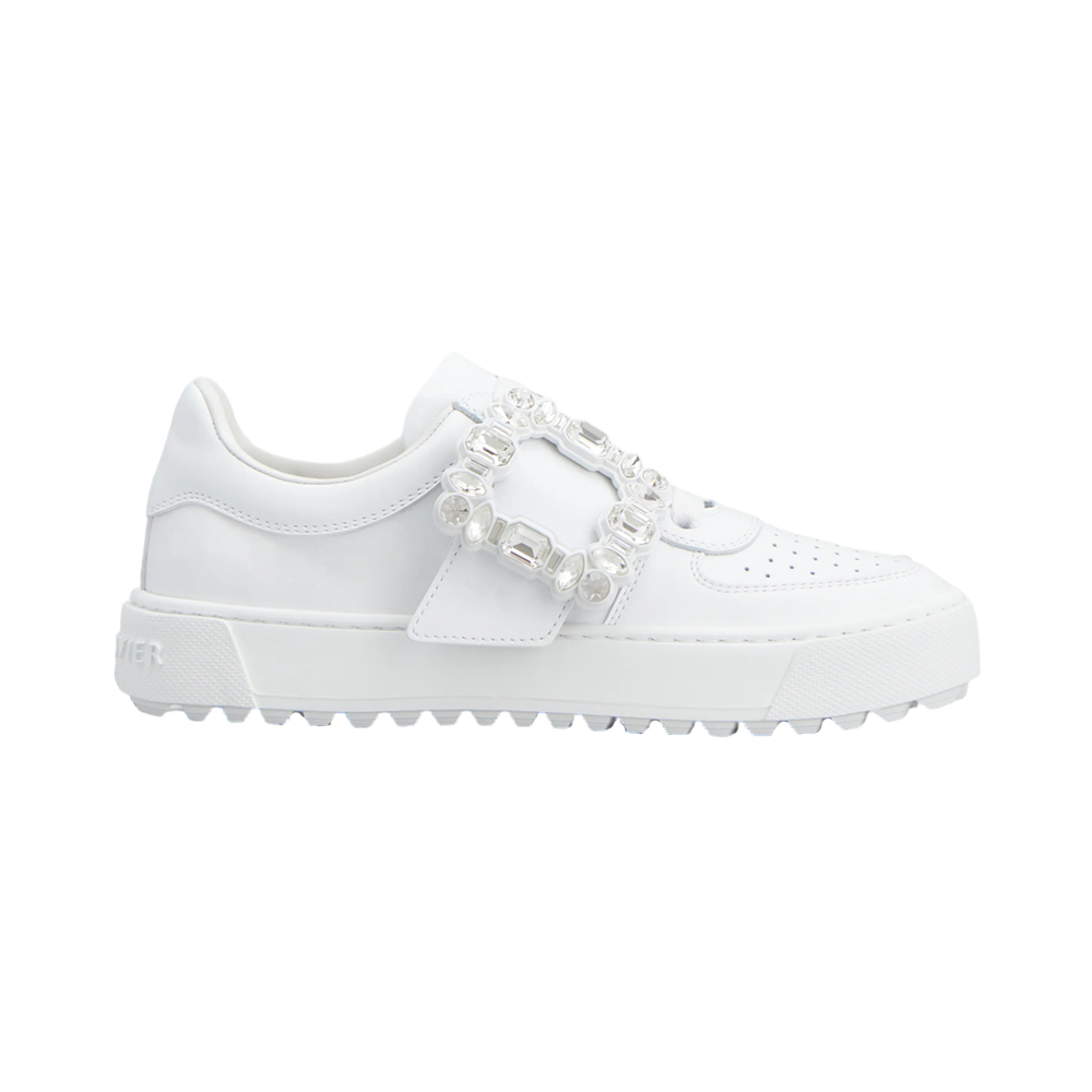 Roger Vivier [4.4PRIL KEJUTAN HARGA] Very Vivier Strass Buckle Leather Sneakers White with Shoe Lace