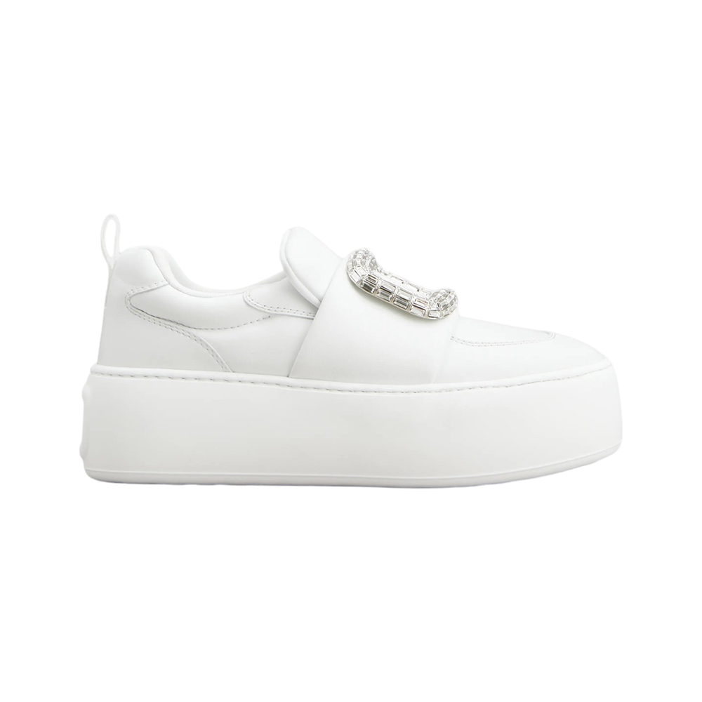 Roger Vivier Viv' Up Crystal Buckle Leather Sneakers White