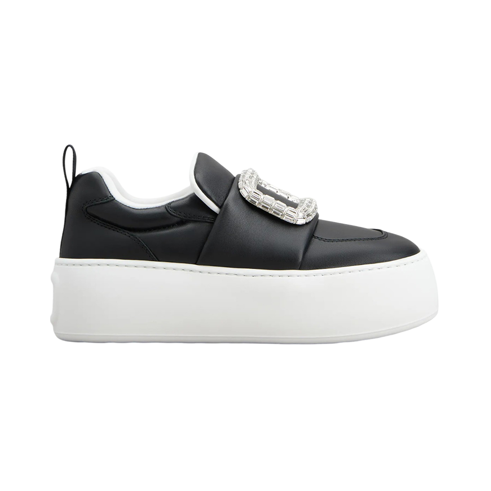 Roger Vivier [4.4PRIL KEJUTAN HARGA] Viv' Up Crystal Buckle Leather Sneakers Black