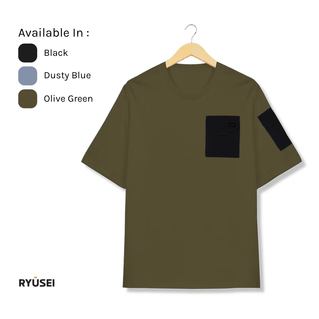 Ryusei Kaos Pria Oversize Boxy Tagashi Pocket Olive Green