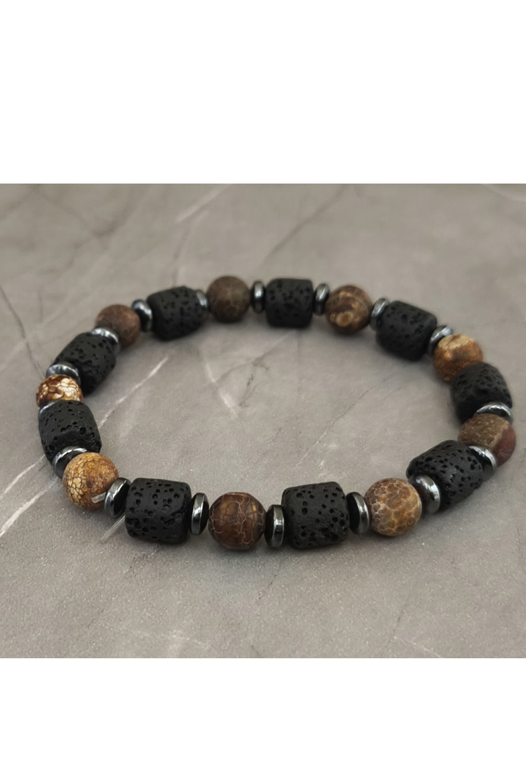 San Marco Accessories Gelang Pria Green Fire Agate &  Lava Beads Multistone Bracelet Black & Brown