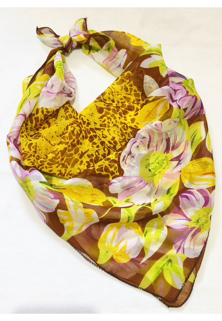San Marco Aksesoris Scarf Wanita Flora Motif Silky Square Chiffon Scarf Segi Empat Ukuran Kecil Brow