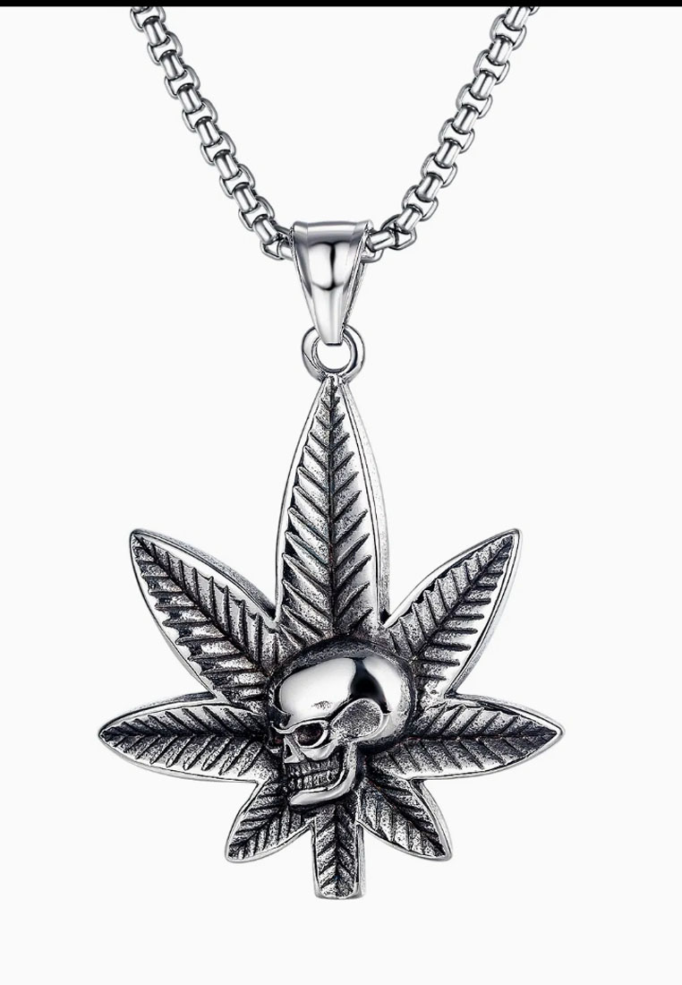 San Marco Aksesoris Pria Skull Canibis Titanium Necklace Kalung Pria Silver