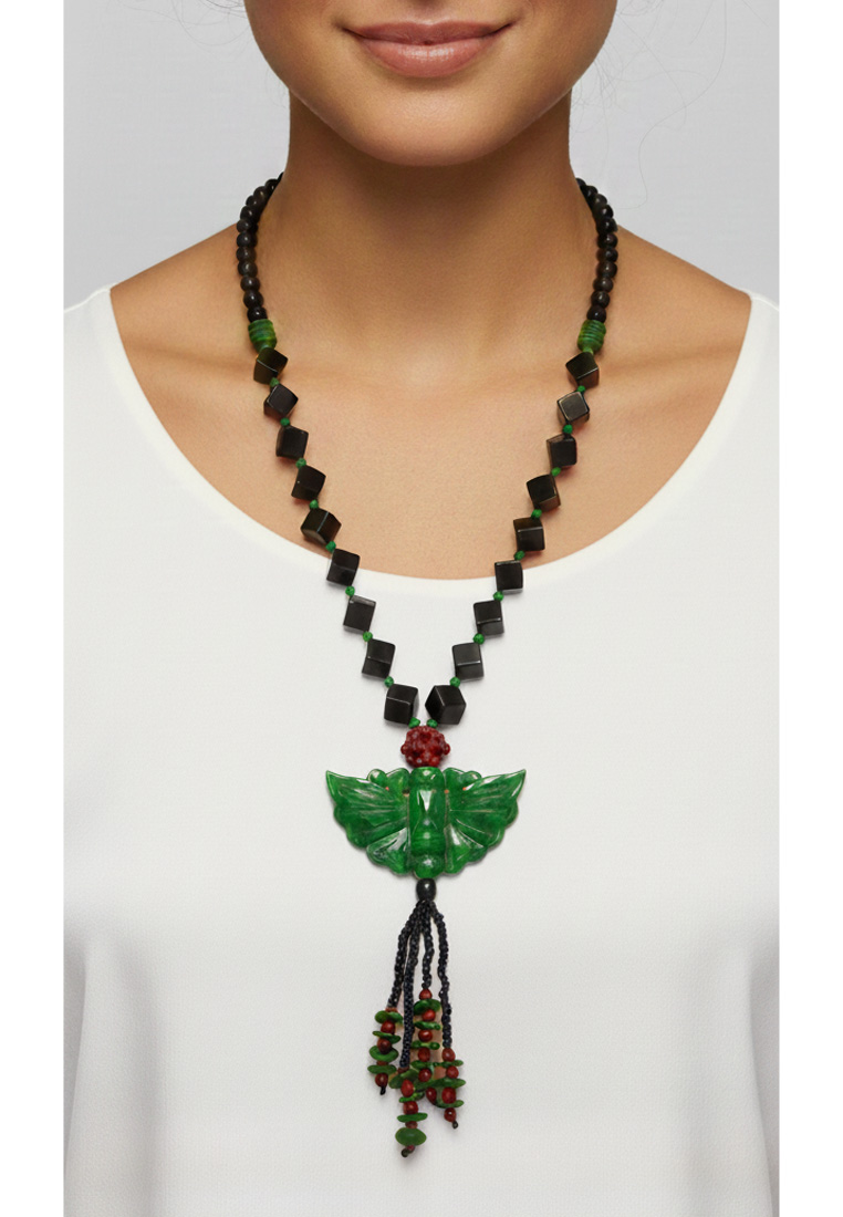 San Marco Women's Accessories Butterfly Jade Necklace Kalung Wanita Green & Black