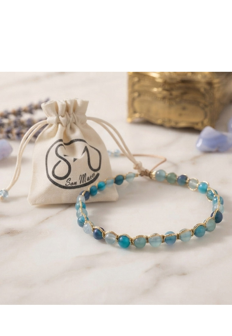 San Marco Aksesoris Gelang Wanita Gold Thread Stones Loop Macrame Bracelet Gold &Blue Agate