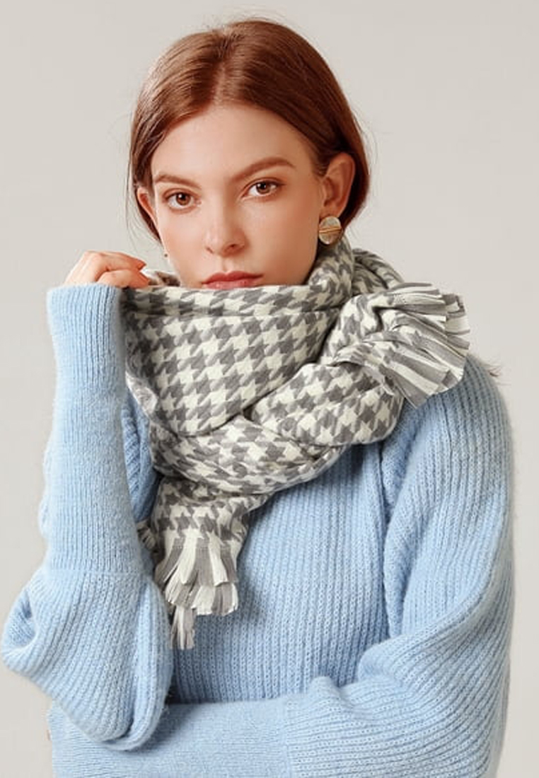 San Marco Aksesoris Syal Kasmir Houndstooth Cashmere Shawl Syal Wanita Grey