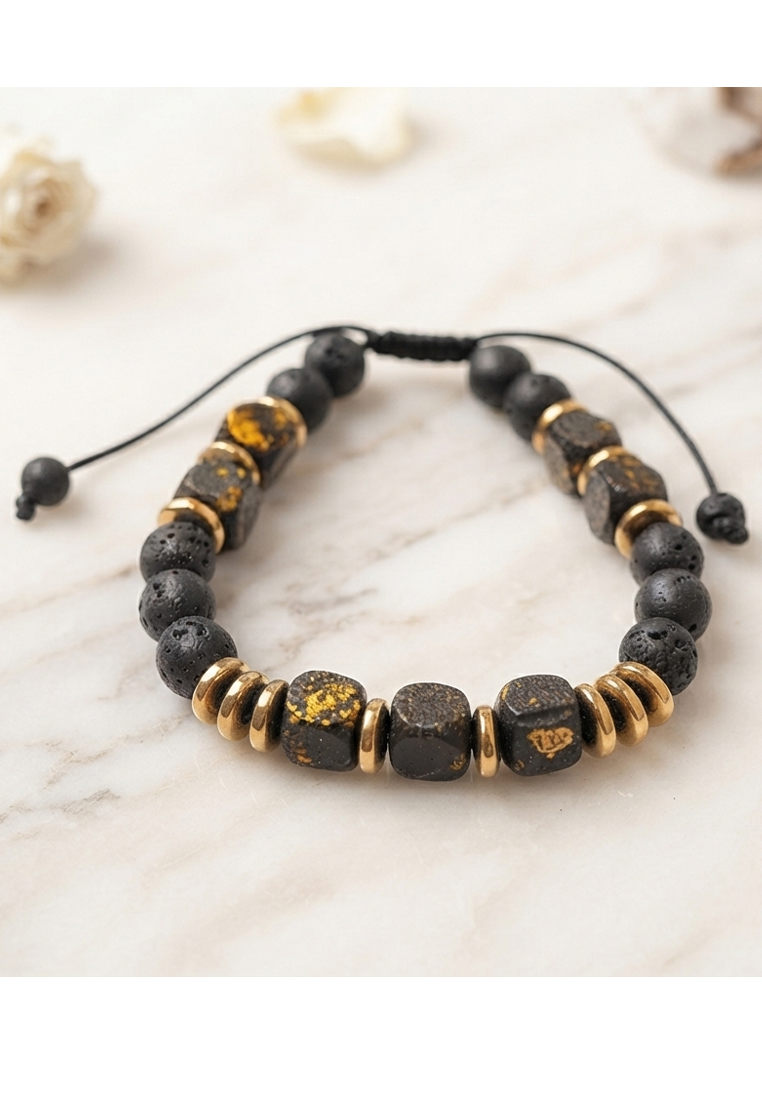 San Marco Aksesoris Gelang Pria Gold Specked Beads Macrame Bracelet Black & Gold