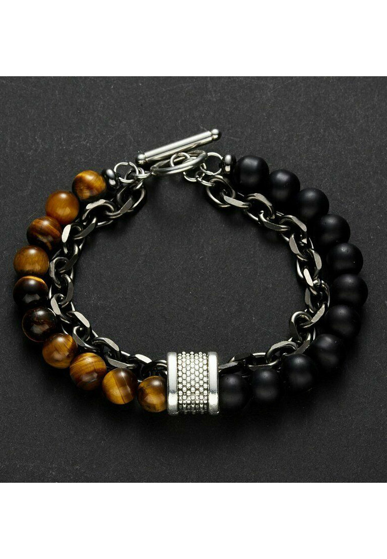 San Marco Aksesoris Gelang Pria Tiger eye Beaded Natural Stone Stainless Steel Chain Bracelet Black 