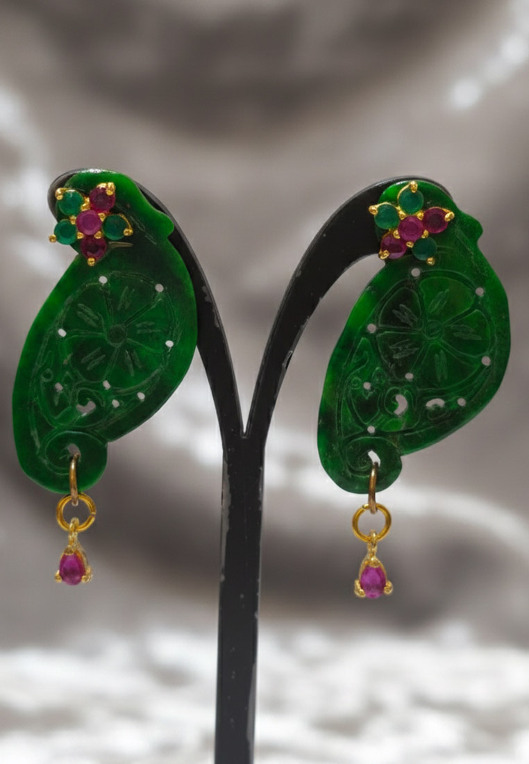 San Marco Jade Earrings Paisley With Ruby & Emerald Anting Wanita Batu Giok Green & Ruby Red