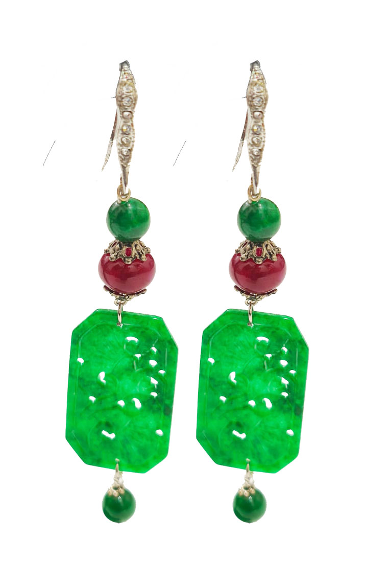 San Marco Women's Accessories Ruby Rectangular Jade Earrings Anting Wanita Batu Giok Green