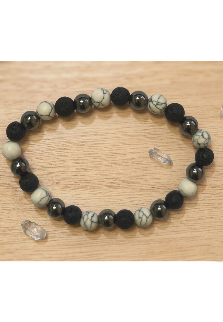 San Marco Aksesoris Gelang Pria Lava Stone, Hematite & Howlite  Bracelet  Black & White