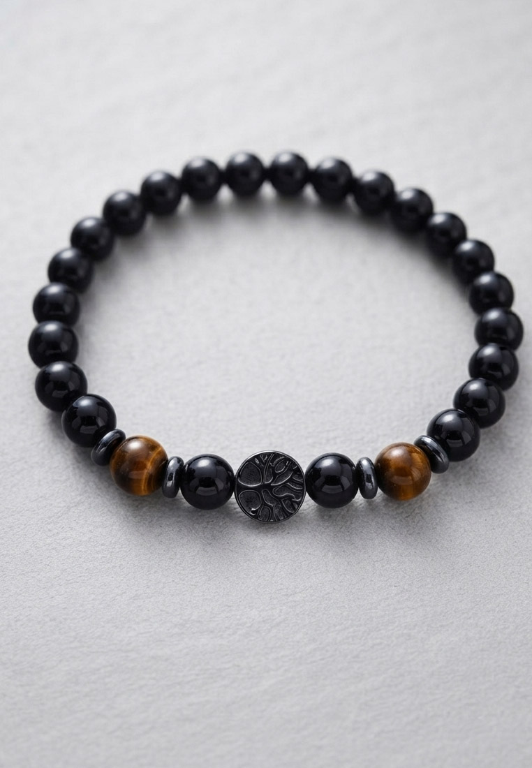 SAN MARCO Aksesoris Gelang Pria Tree Of Life Cats Eye & Hematite Bracelet Black & Multi