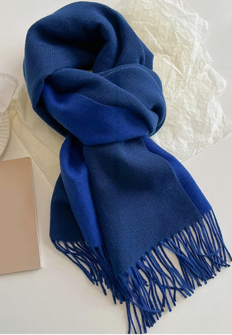 San Marco Double Side Plain Cashmere Virgin wool Pashmina Syal Wanita Dua Sisi Soft Royal Blue
