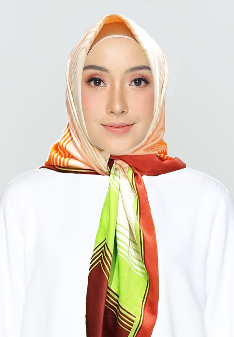 San Marco Hijab Scarf Tamara Hijab Segi Empat Kerudung Silky Satin Square Scarf Orange & Multi