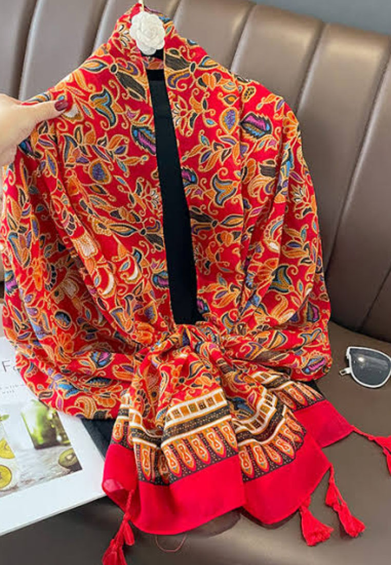 San Marco Batik Pattern Tassels Viscose Shawl Syal Wanita Red