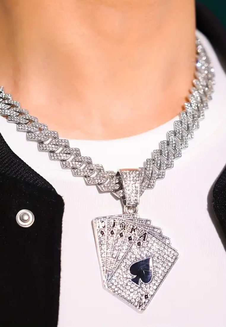 San Marco Aksesoris Pria Rhinestones Ace Of spades Studded Kalung Pria Premium Stainless Steel Neckl