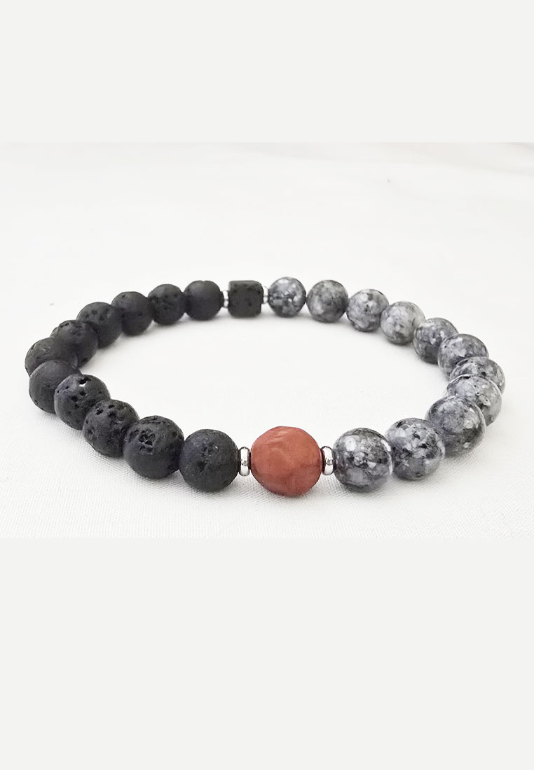 San Marco Aksesoris Gelang Pria Lava & Red Agate Center Bracelet Black & Rusty Red