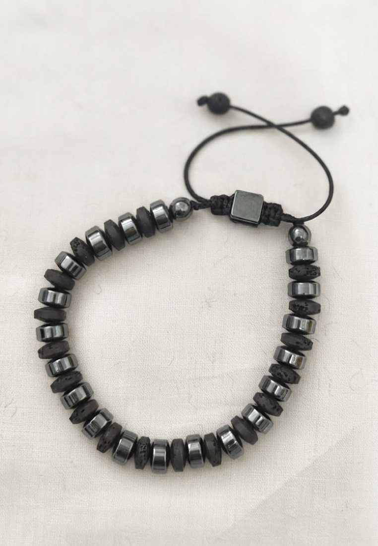 San Marco Aksesoris Gelang Pria Metallic Hematite & Lava Rock Beaded Bracelet Black & Silver