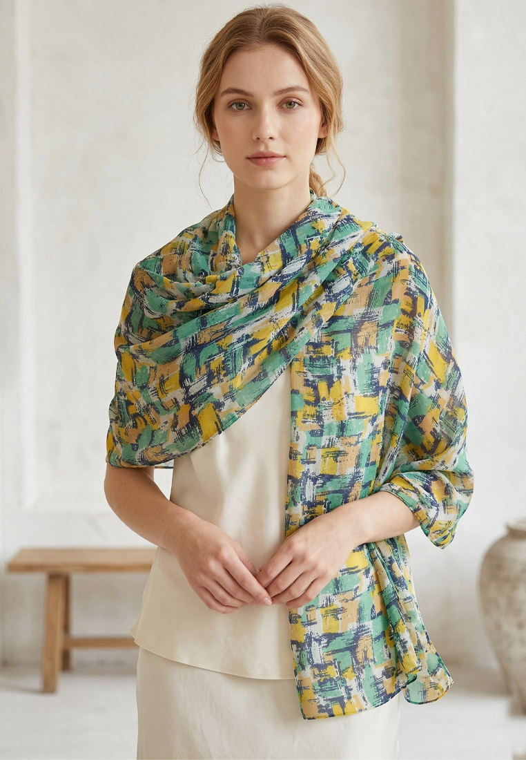San Marco Aksesoris Scarf Wanita Cascade Beauty silk-Feel Scarf Green & Multi