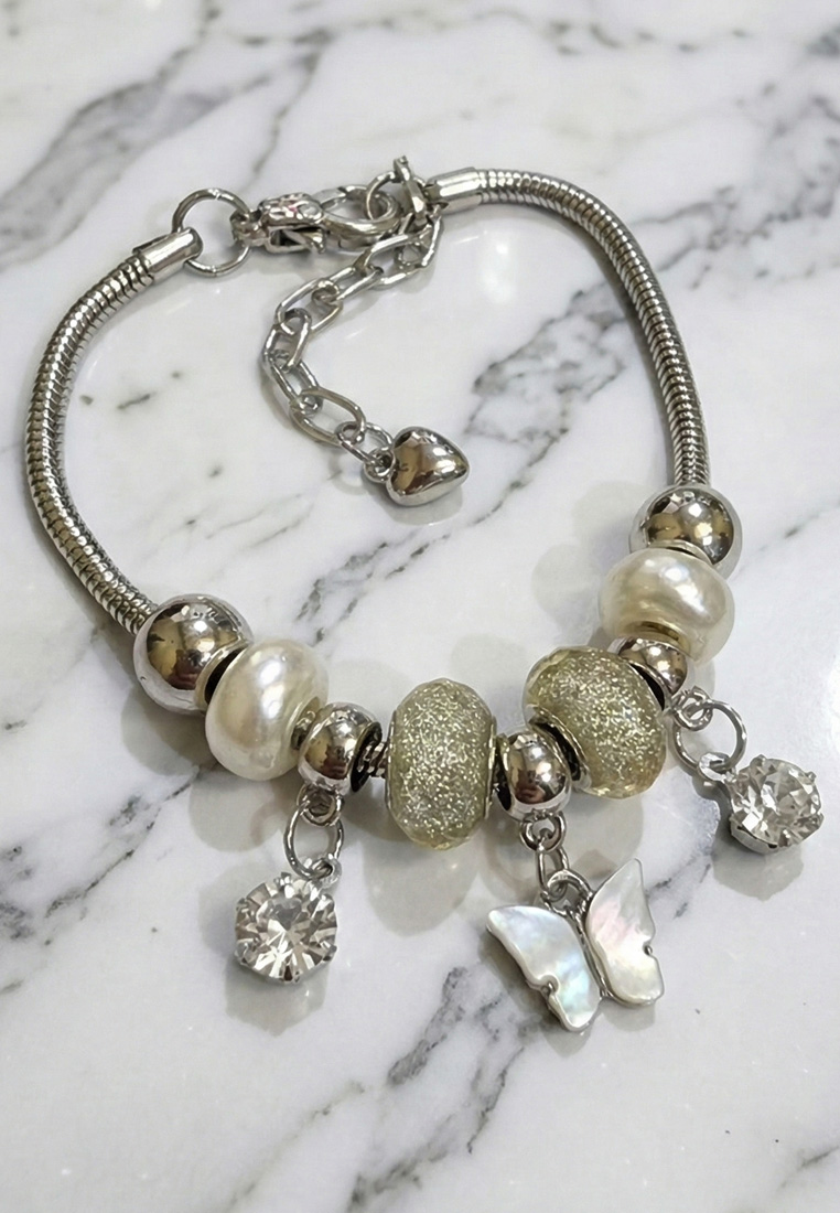 San Marco Accessories Wanita Pearly Butterfly  Pomora Charm Bracelet Gelang Wanita Silver & White