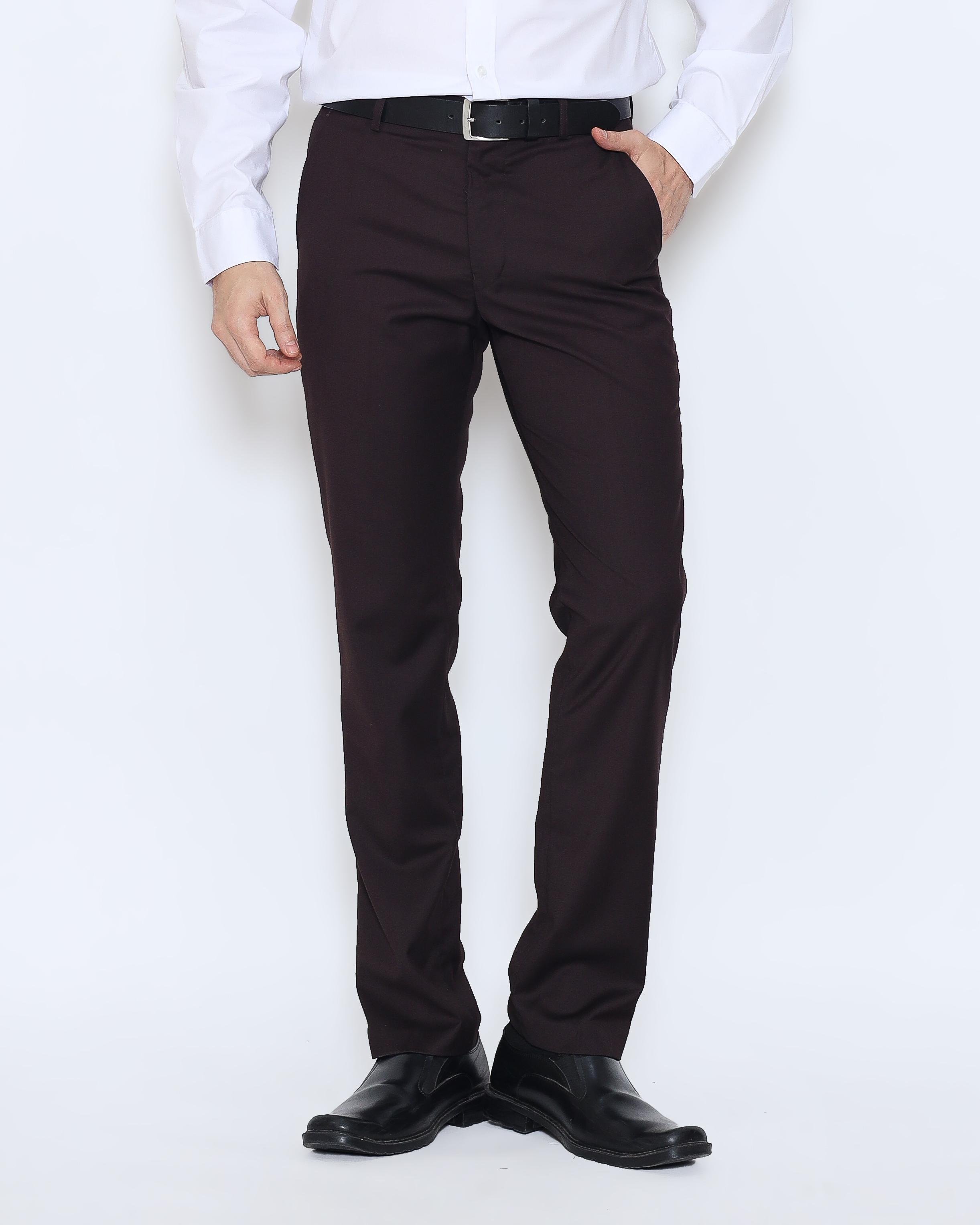SCHOELLER ORVIS-ST-SF Celana Formal Pria Coklat Tua Slim Fit Polyester Rayon Stretch