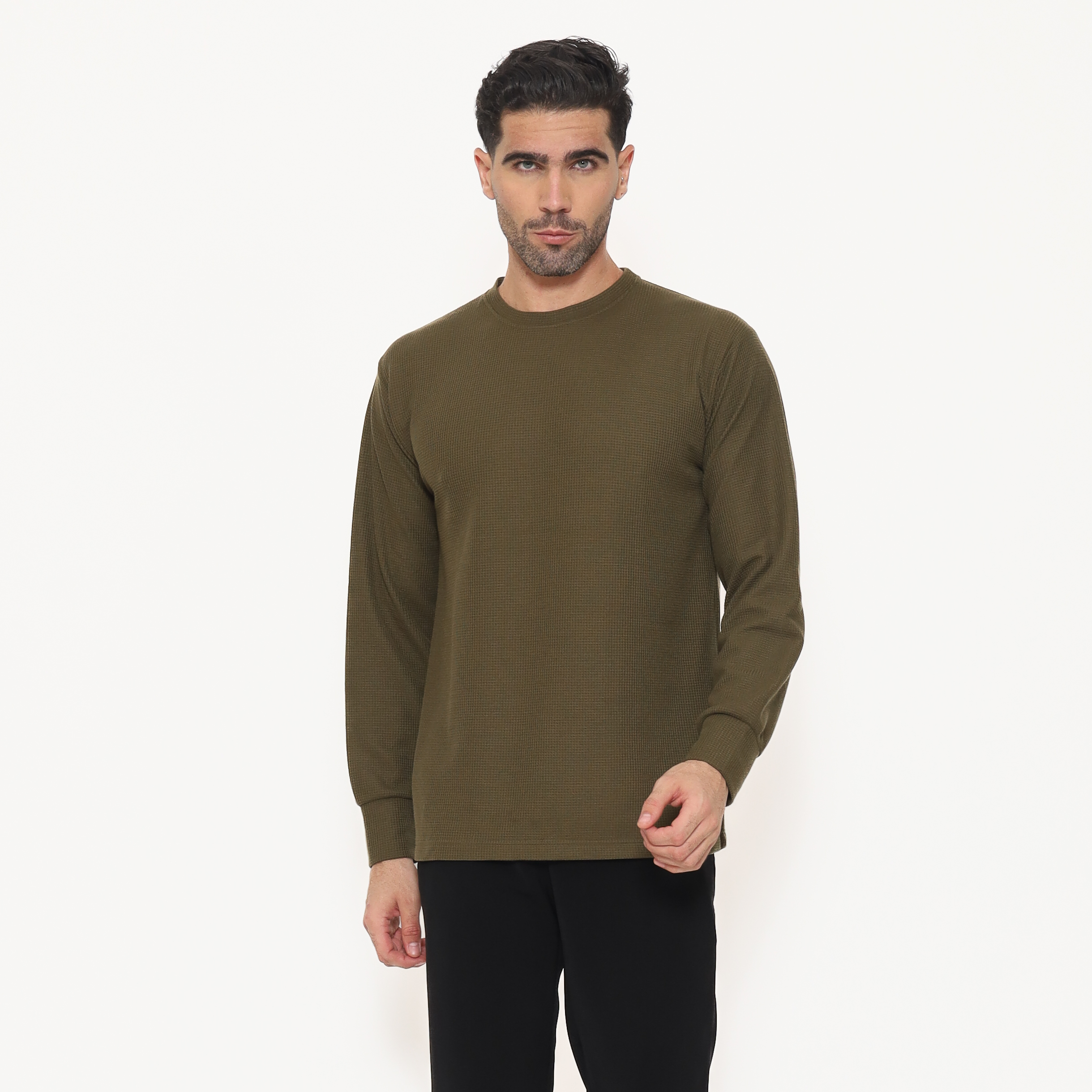 Schoeller Kaos Pria Lengan Panjang Regular Fit WILFRED-R – Army | Katun Waffle Knit Premium Polos