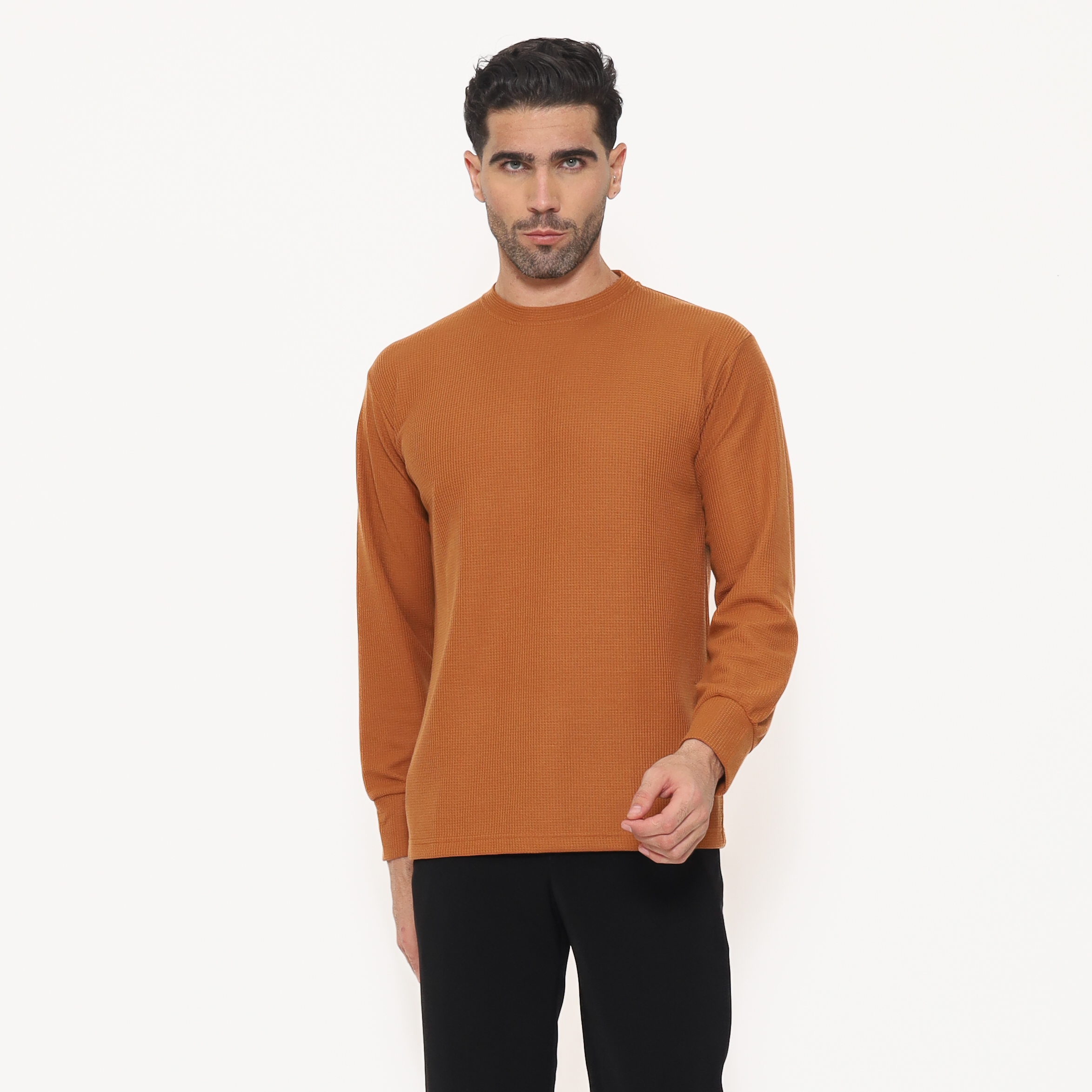 Schoeller Kaos Pria Lengan Panjang Regular Fit WILFRED-R – Terracotta | Katun Waffle Knit Premium Po