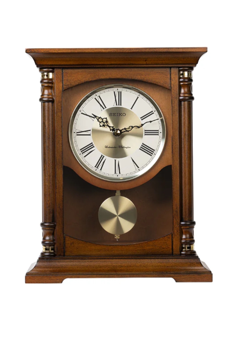 Seiko Jam Meja Seiko QXQ034 QXQ034B Wooden Case Wiping Brown Color Gold White Dial Chimes Pendulum S