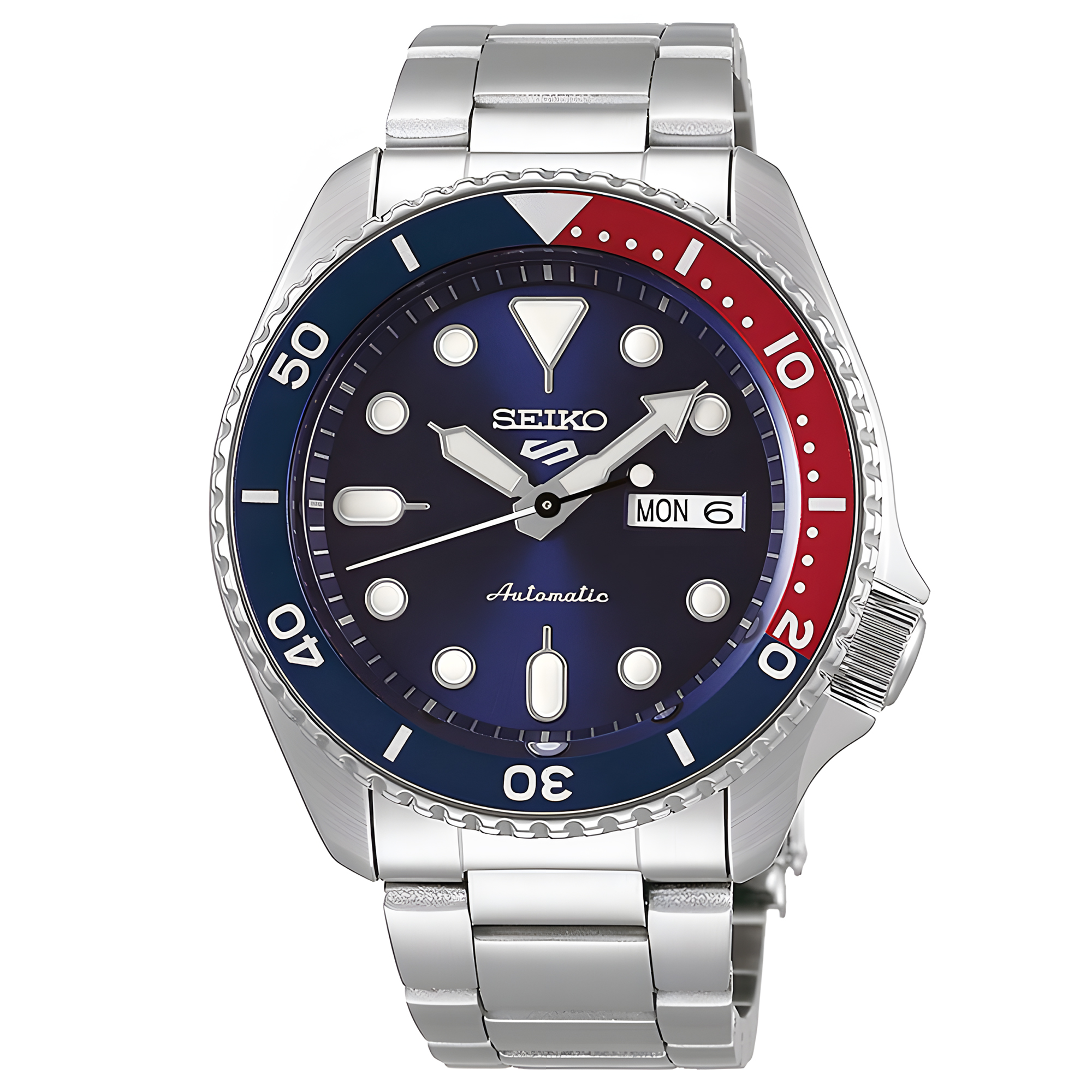 Seiko 5 Sports Automatic 24 Jewels Dark Blue Dial Silver Stainless Steel Bracelet “Pepsi” Bezel Day 