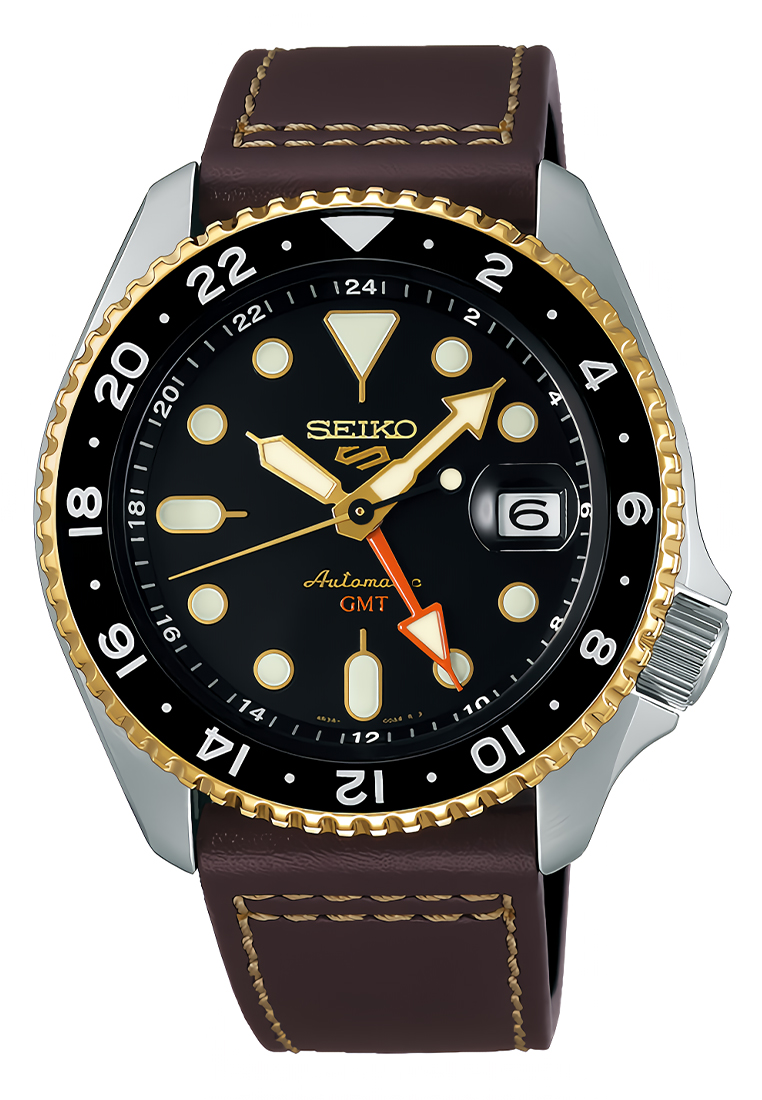 Seiko 5 Sports SSK036K1 - Jam Tangan Automatic Pria - SKX Series Automatic GMT Black Dial Brown Leat