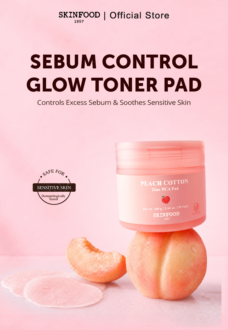 SKINFOOD Peach Cotton Zinc PCA Pad 160g (70 Pads) - Toner Pad Wajah untuk Mengontrol Minyak & Menena
