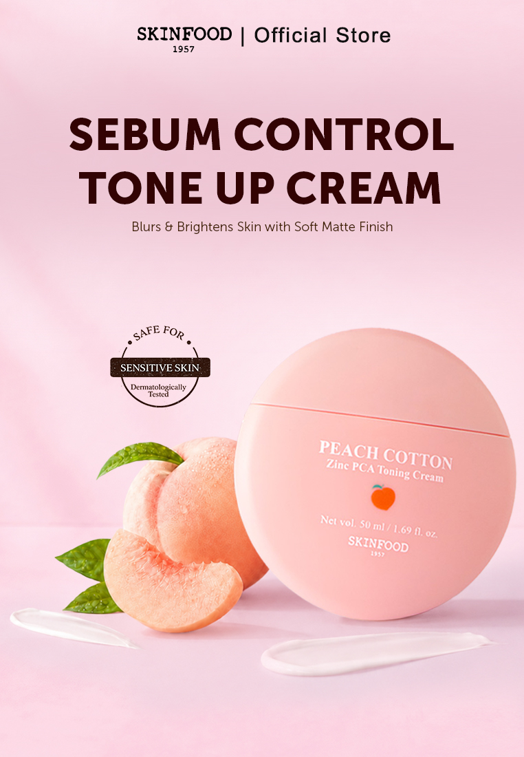 SKINFOOD Peach Cotton Zinc PCA Toning Cream 50ml - Krim Tone Up untuk Mencerahkan Wajah & Mengontrol