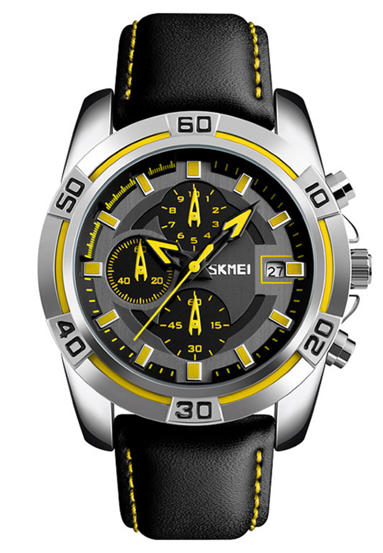Skmei - Jam Tangan Chronograph Pria - Black Yellow - Leather Strap - 9156-I