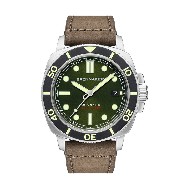 Spinnaker Jam Tangan Pria Spinnaker Hull Diver SP-5088-03 Alligator Green Dial Light Brown Leather S
