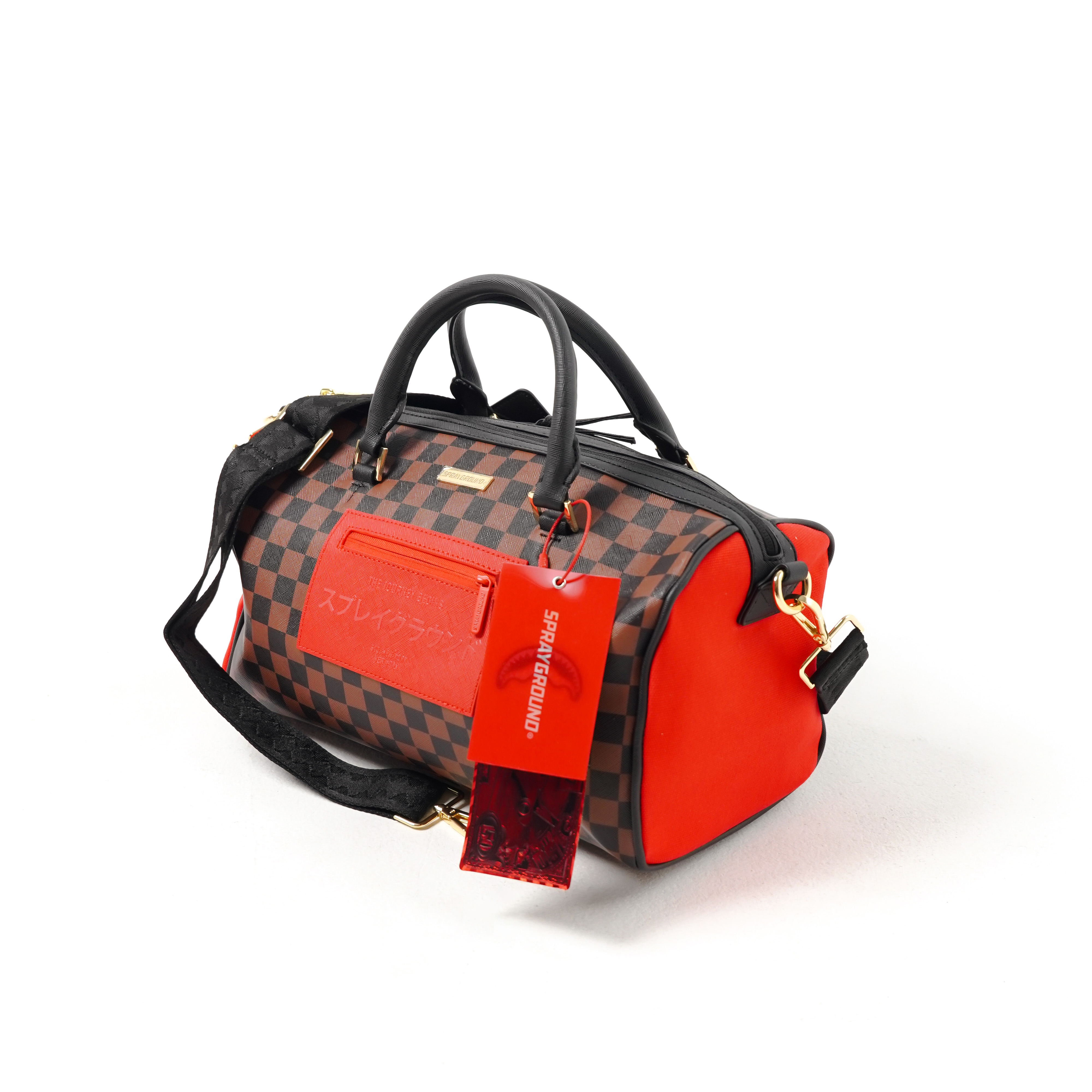 Sprayground Tas SPRAYGROUND KATANA CHECK BOSS RED BROWN MINI DUFFLE BAG WITH LS 100% ORIGINAL