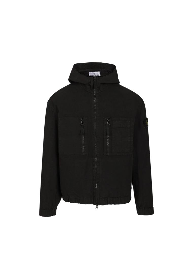 Stone Island 1200011 Organic Cotton Ripstop Comfort-Fit Hooded Overshirt with Zip Pockets Black