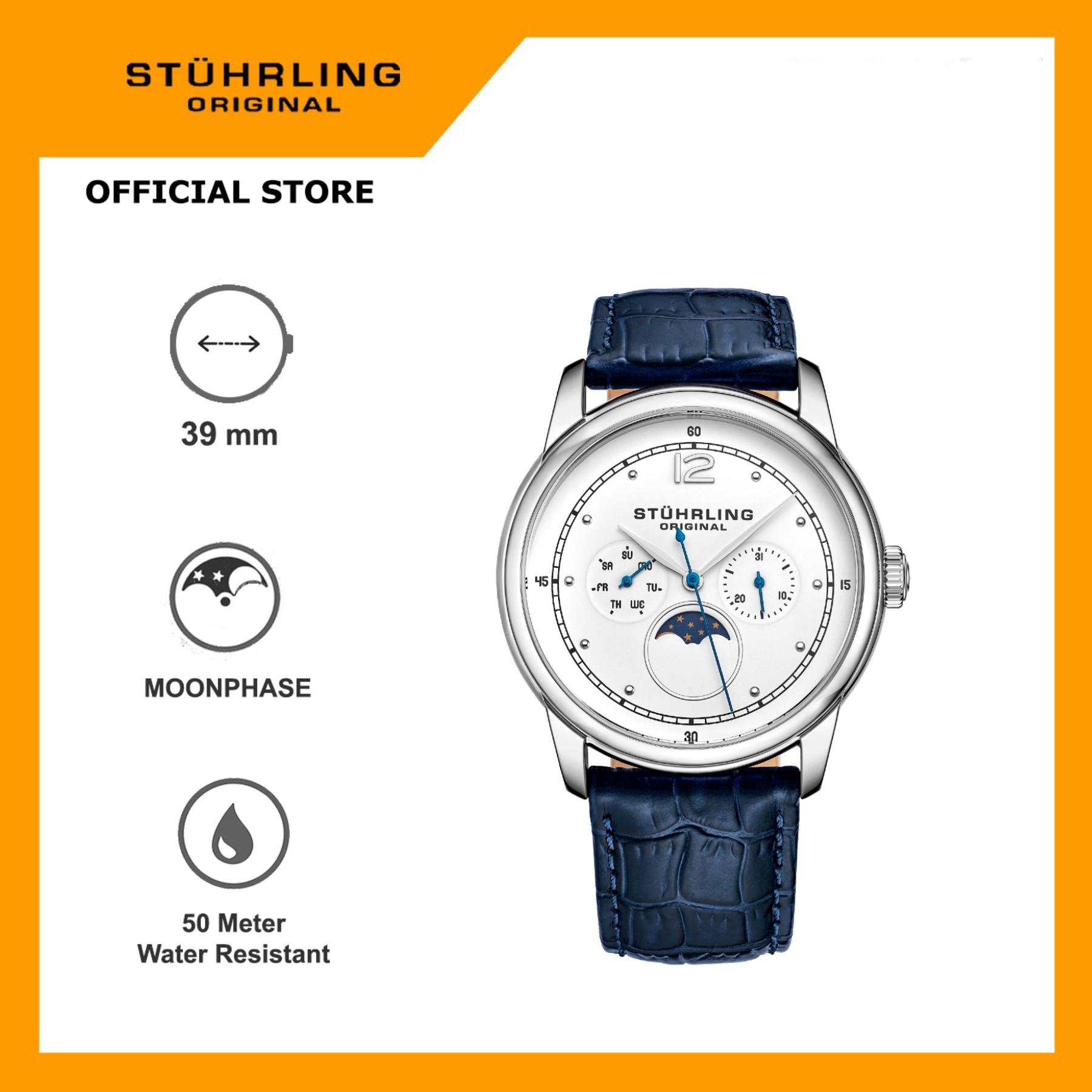 Stuhrling Original Celestia 898-01 Jam Tangan Pria Quartz Moonphase Analog