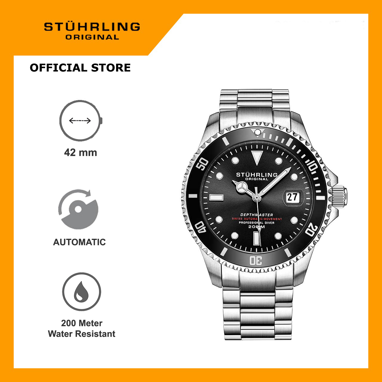Stuhrling Original Depthmaster 883-01 Jam Tangan Pria Automatic Diver Analog