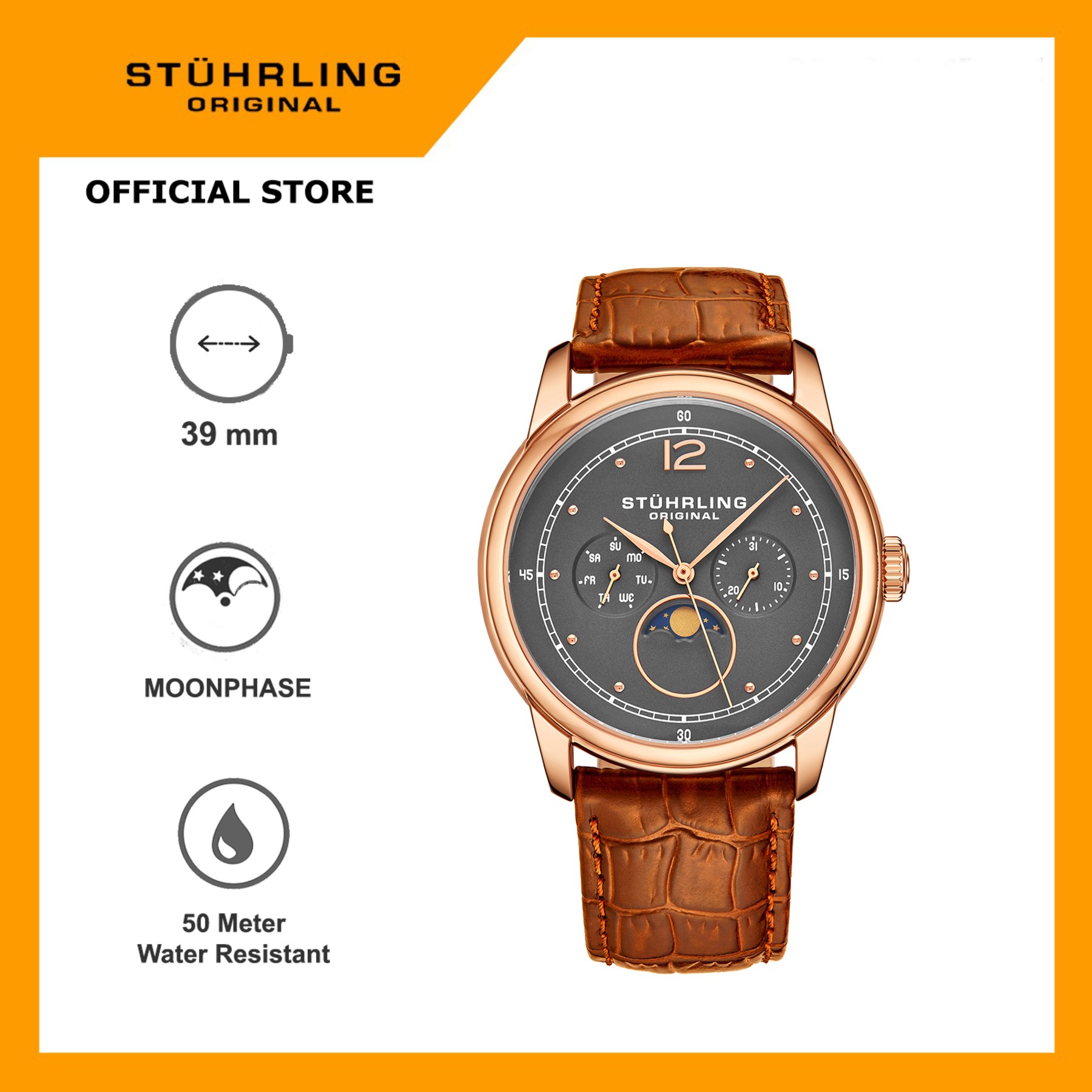 Stuhrling Original Celestia 898-04 Jam Tangan Pria Quartz Moonphase Analog