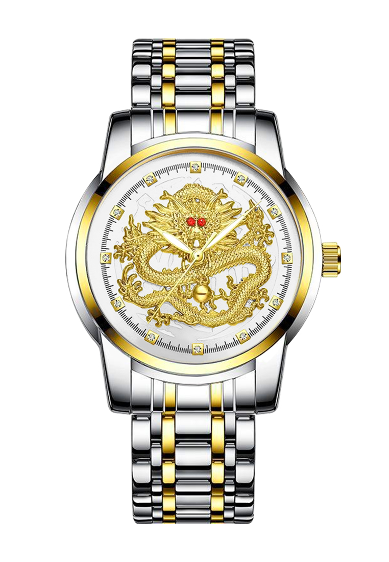 Sunlifex Jam Tangan Pria 9002 Naga Emas Stainless Steel Quartz Original Dragon Gold Kuning Jam Tanga