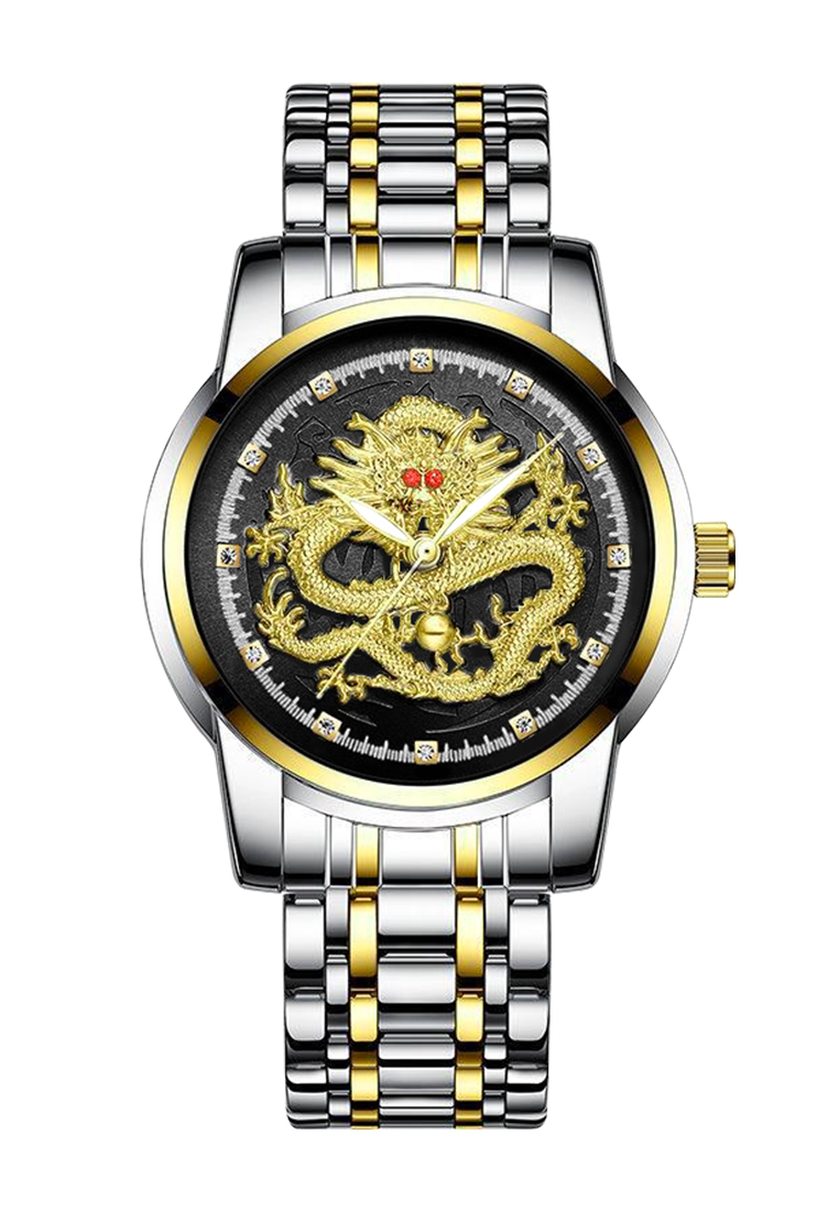Sunlifex Jam Tangan Pria 9002 Naga Emas Stainless Steel Quartz Original Dragon Gold Kuning Jam Tanga