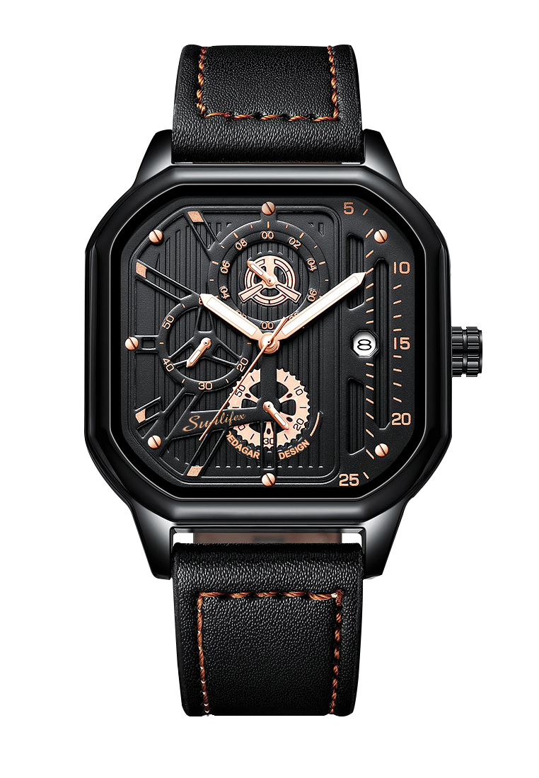 Sunlifex Jam Tangan Pria 9095 Kuarsa Olahraga Kasual Tali Kulit Pria Jam Tangan Cowok allblack
