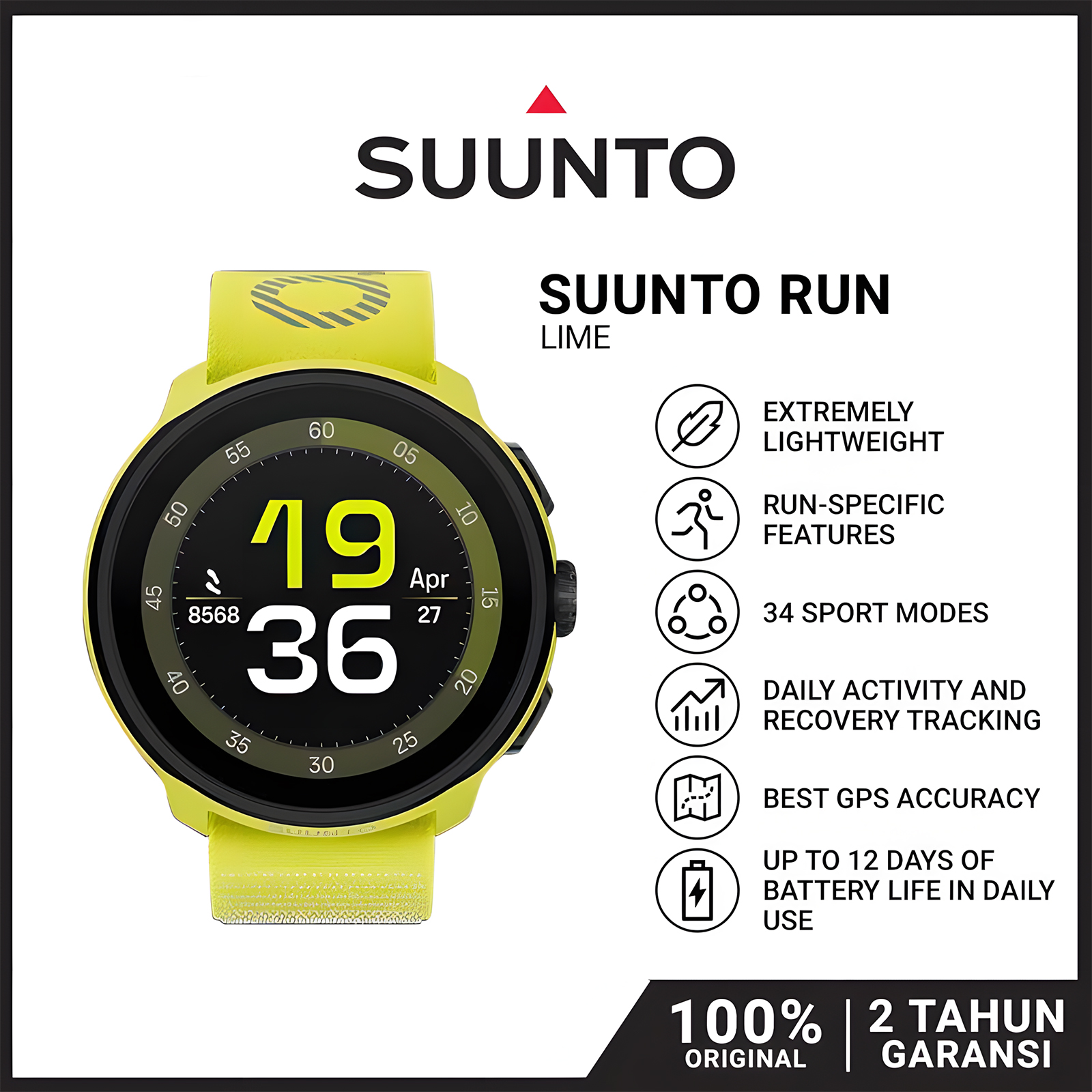 SUUNTO Run Lime - Jam Tangan Smartwatch Unisex - Run your story - Lime Nylon textile Strap - SS05111