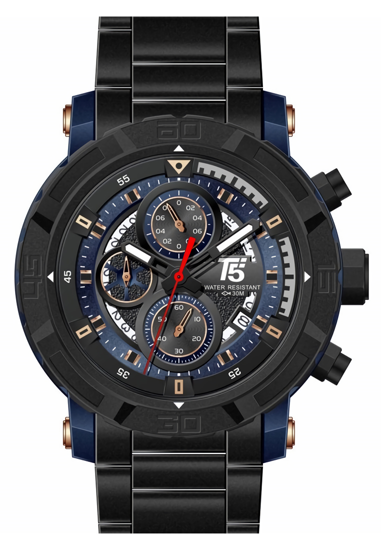 T5 - Jam Tangan Pria - Black Blue - Stainless Steel Bracelet - H3814G-A