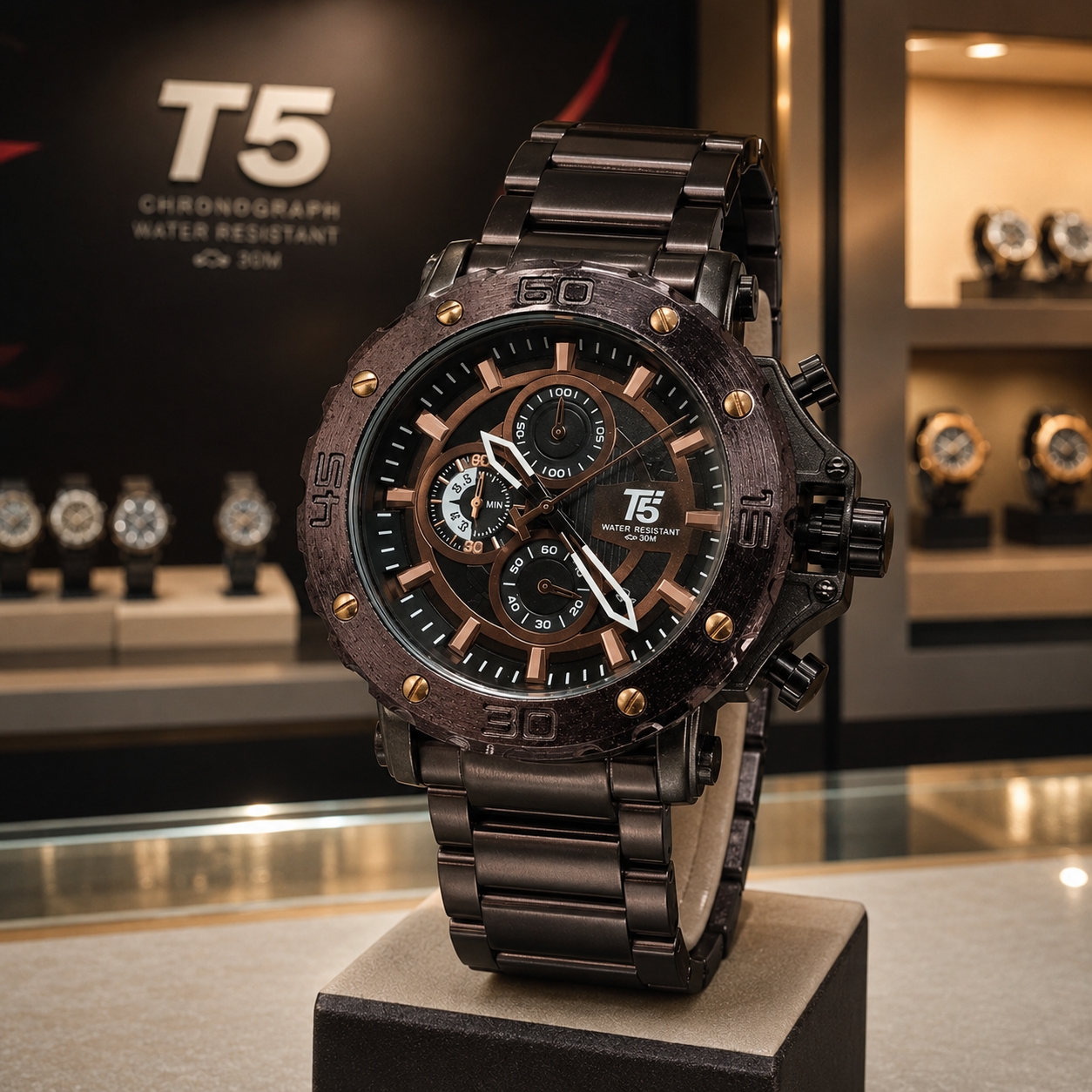 T5 - Jam Tangan Chronograph Pria - Black Dial - Dark Brown Case & Band - H3702G