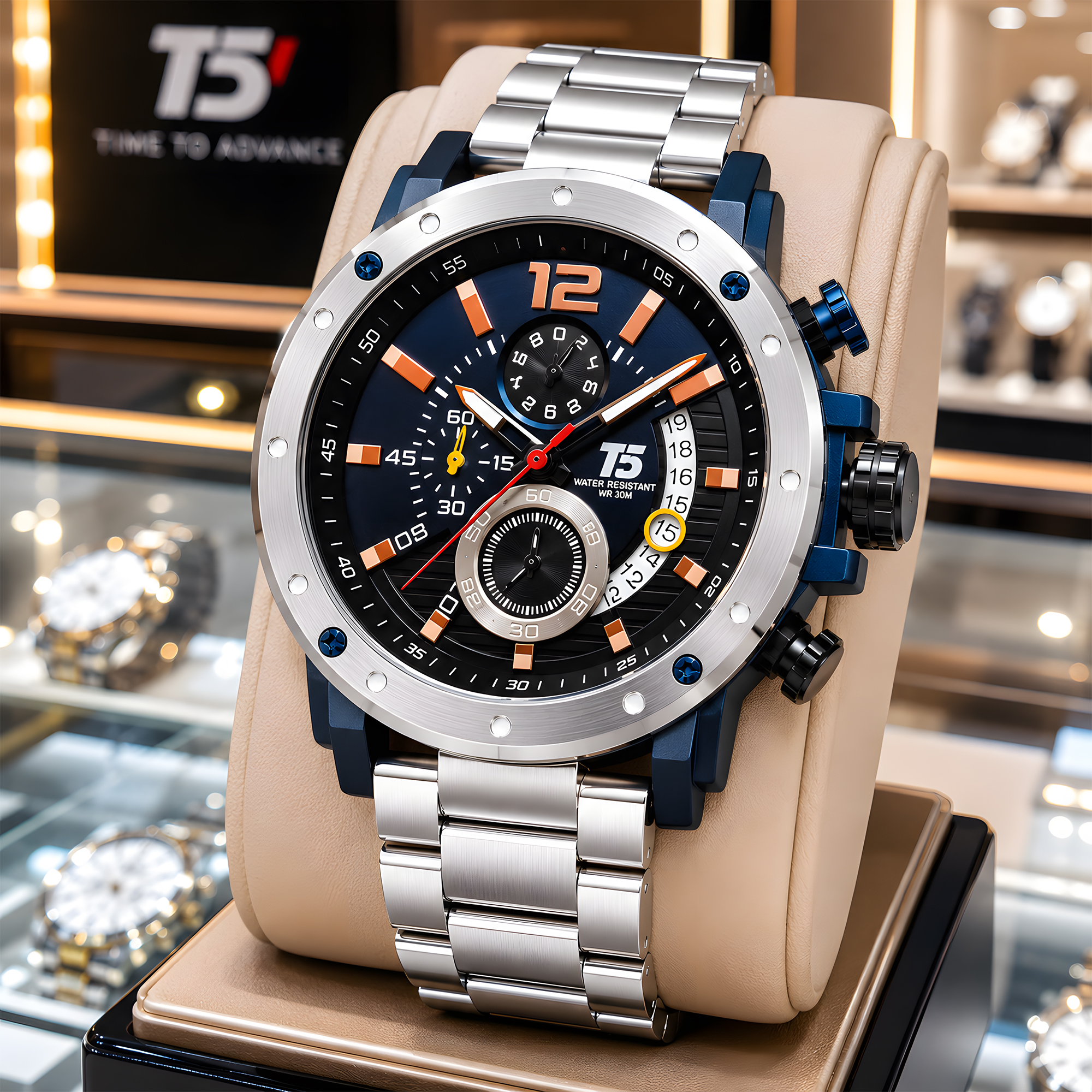 T5 - Jam Tangan Chronograph Pria - Blue Dial - Blue Case Silver Band - H3746G