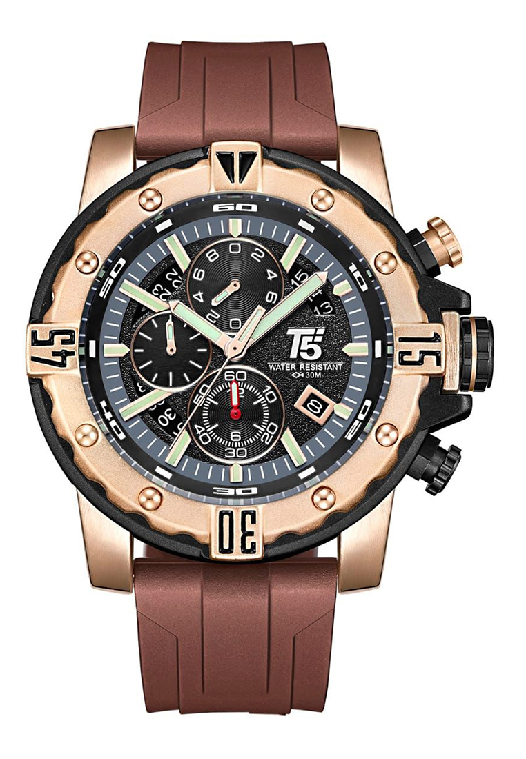 T5 - Jam Tangan Pria - Rosegold - Brown Rubber Strap - H3757G-C